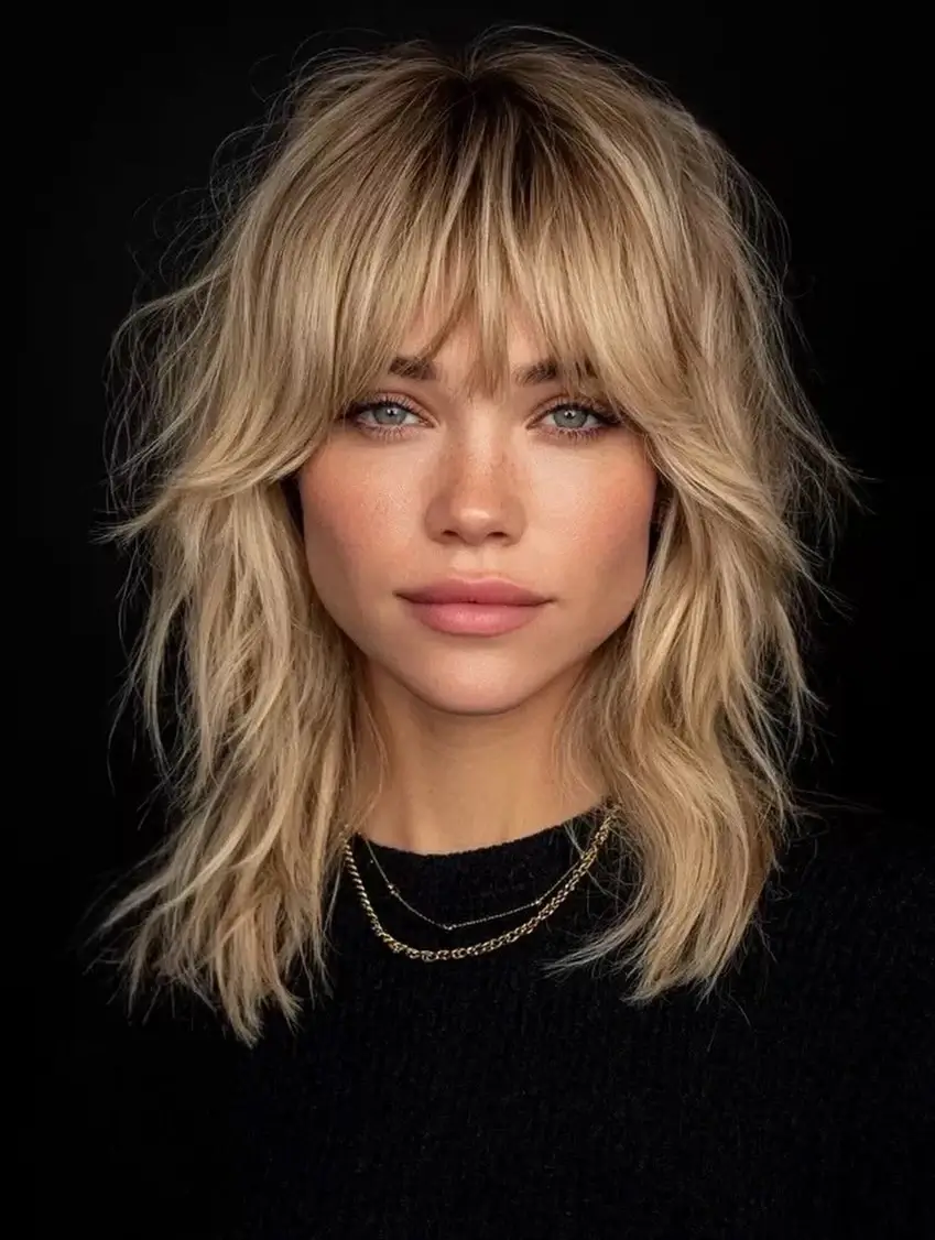 choppy medium layered hair Textured Blonde Shag With Wispy Fringe
