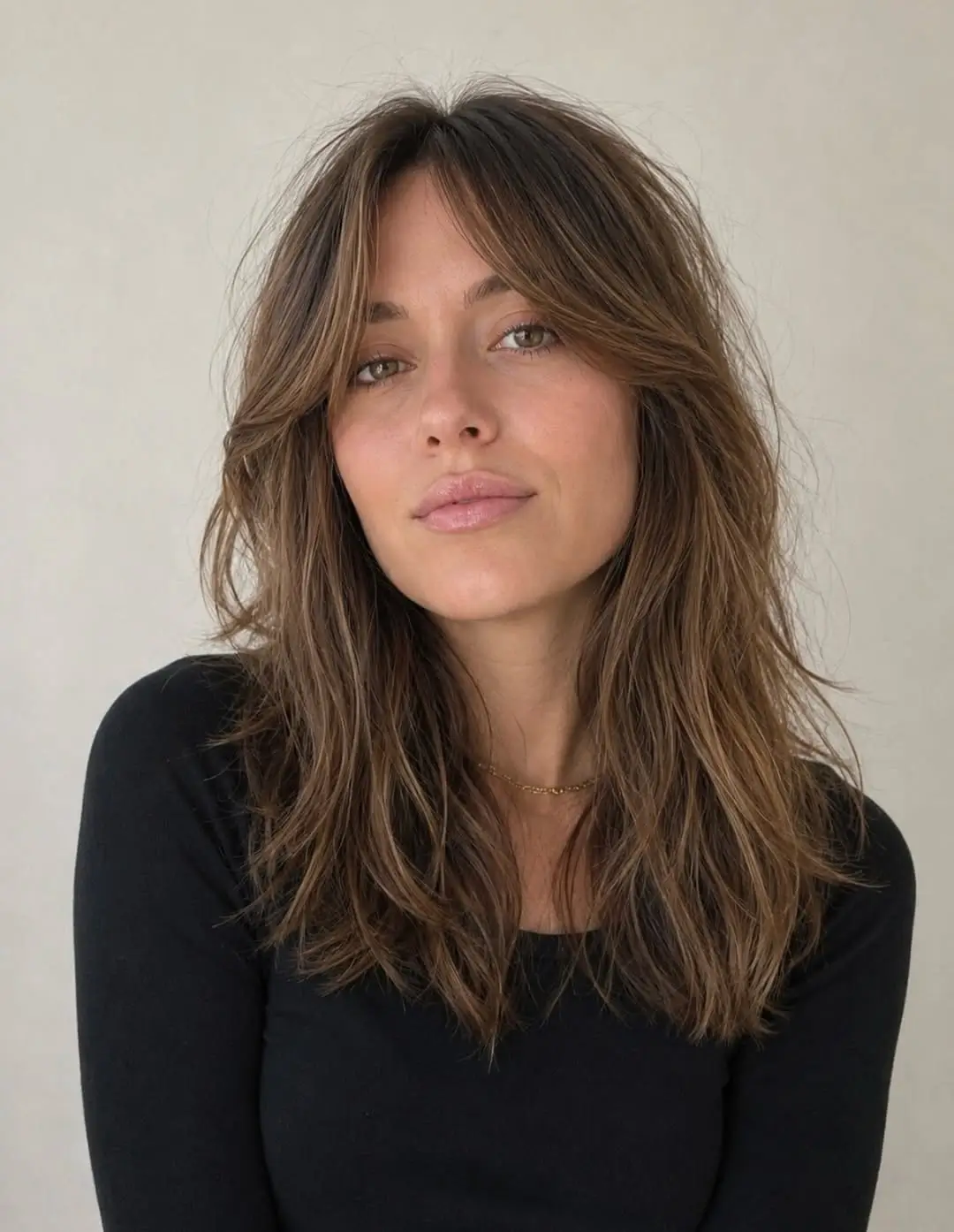 choppy medium layered hair Lived-In Layers With Soft Curtain Bangs