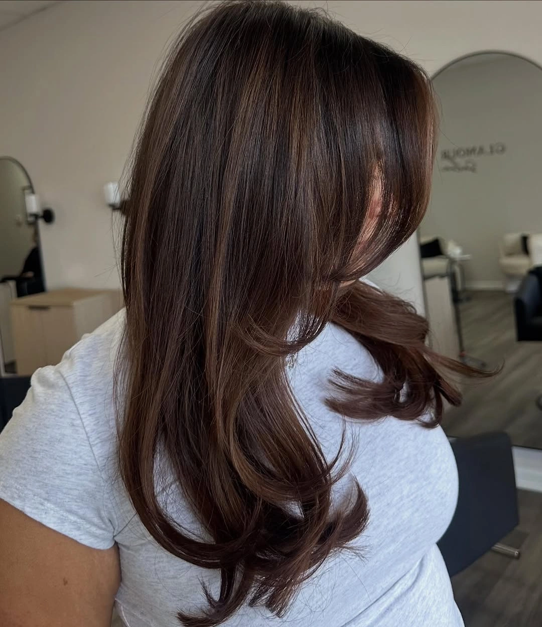 dimensional brunette hair color Glossy Chocolate Layers With Soft Mocha Dimension