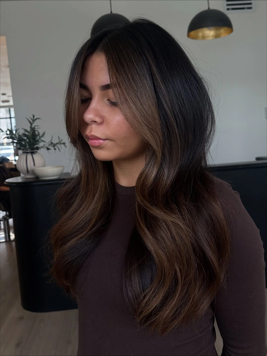 dimensional brunette hair color Soft Espresso Brunette With Luxe Face-Framing Blend