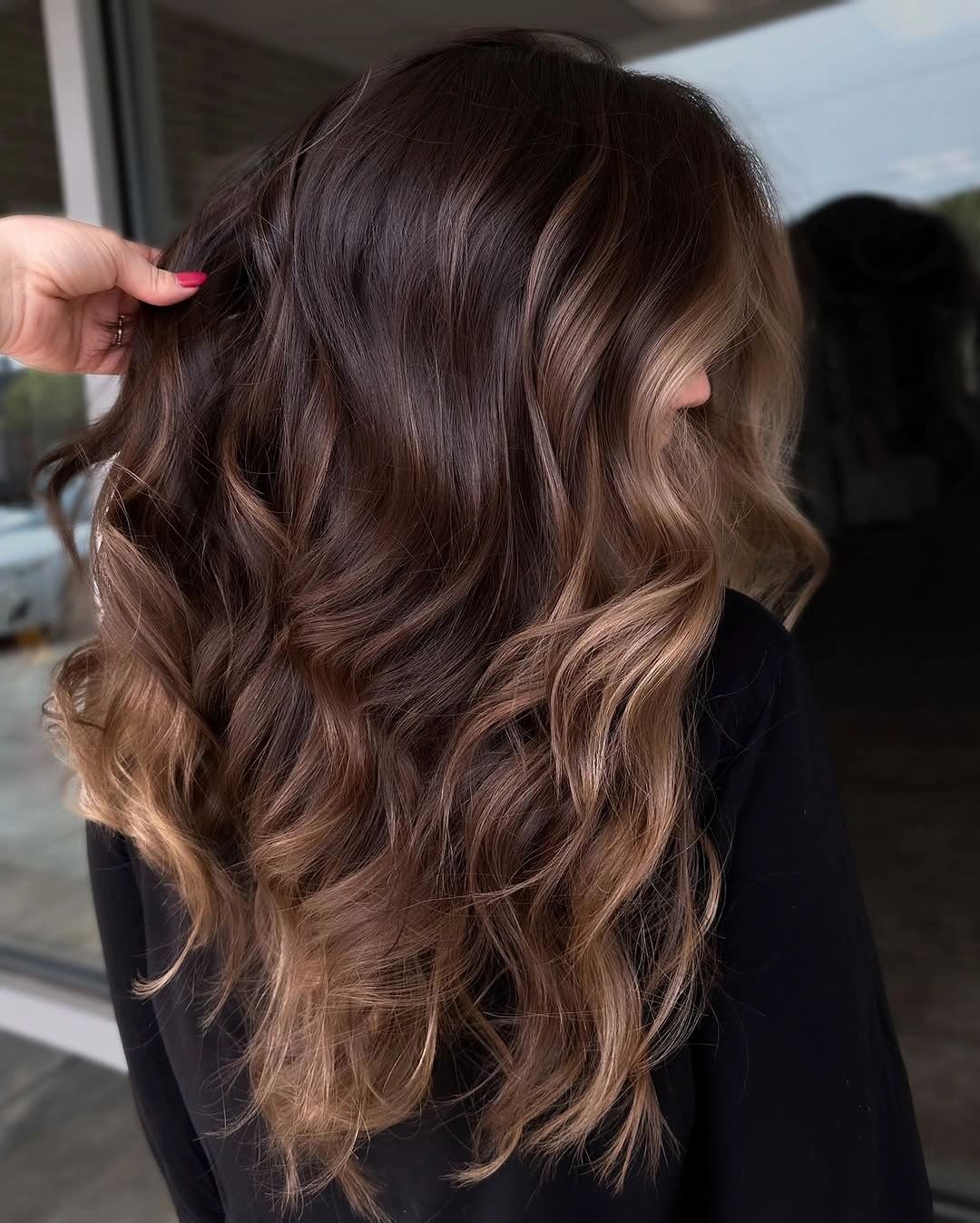 dimensional brunette hair color Chocolate Brunette With Champagne Balayage Ends