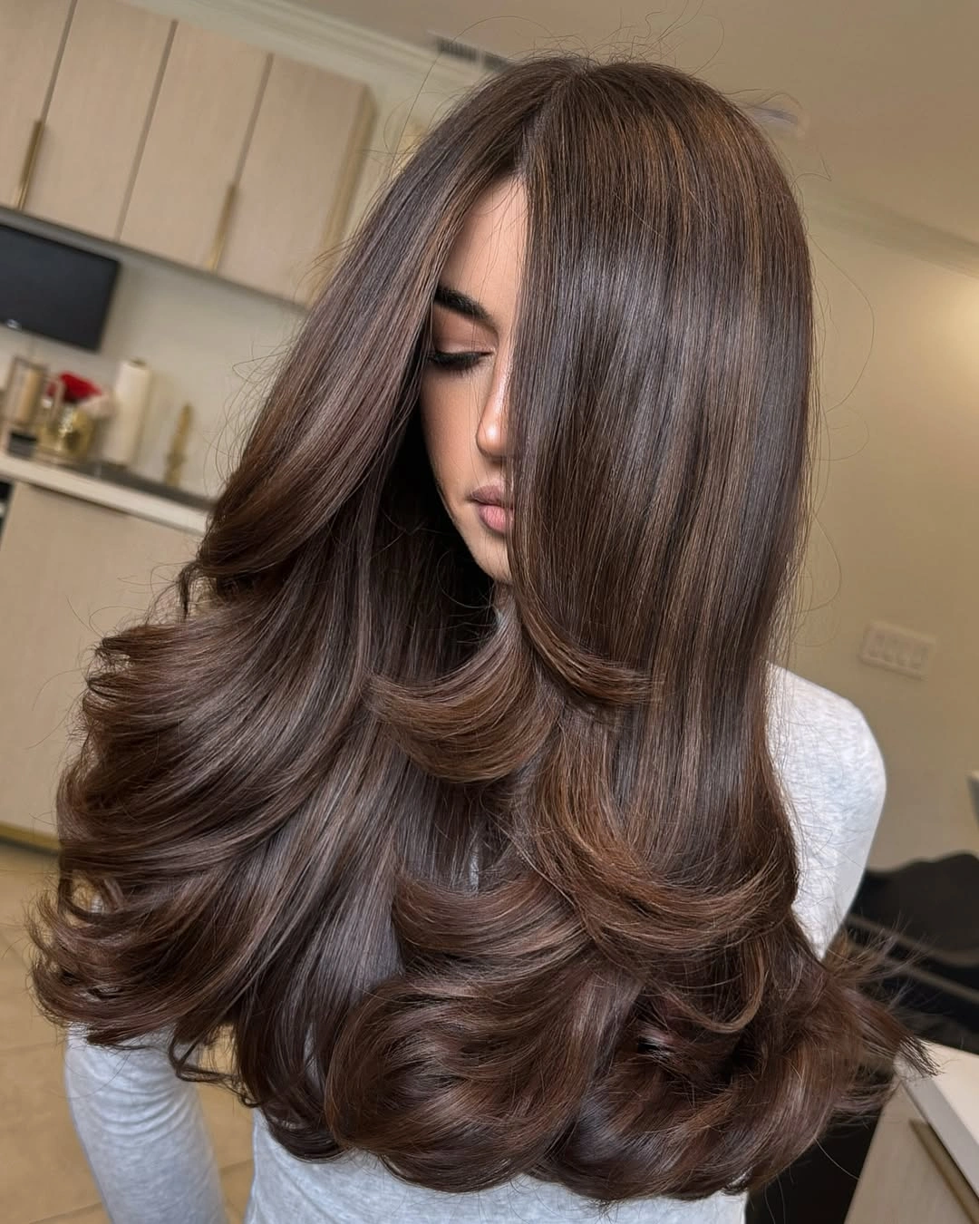 dimensional brunette hair color Velvet Brunette Blowout With Rich Chocolate Depth