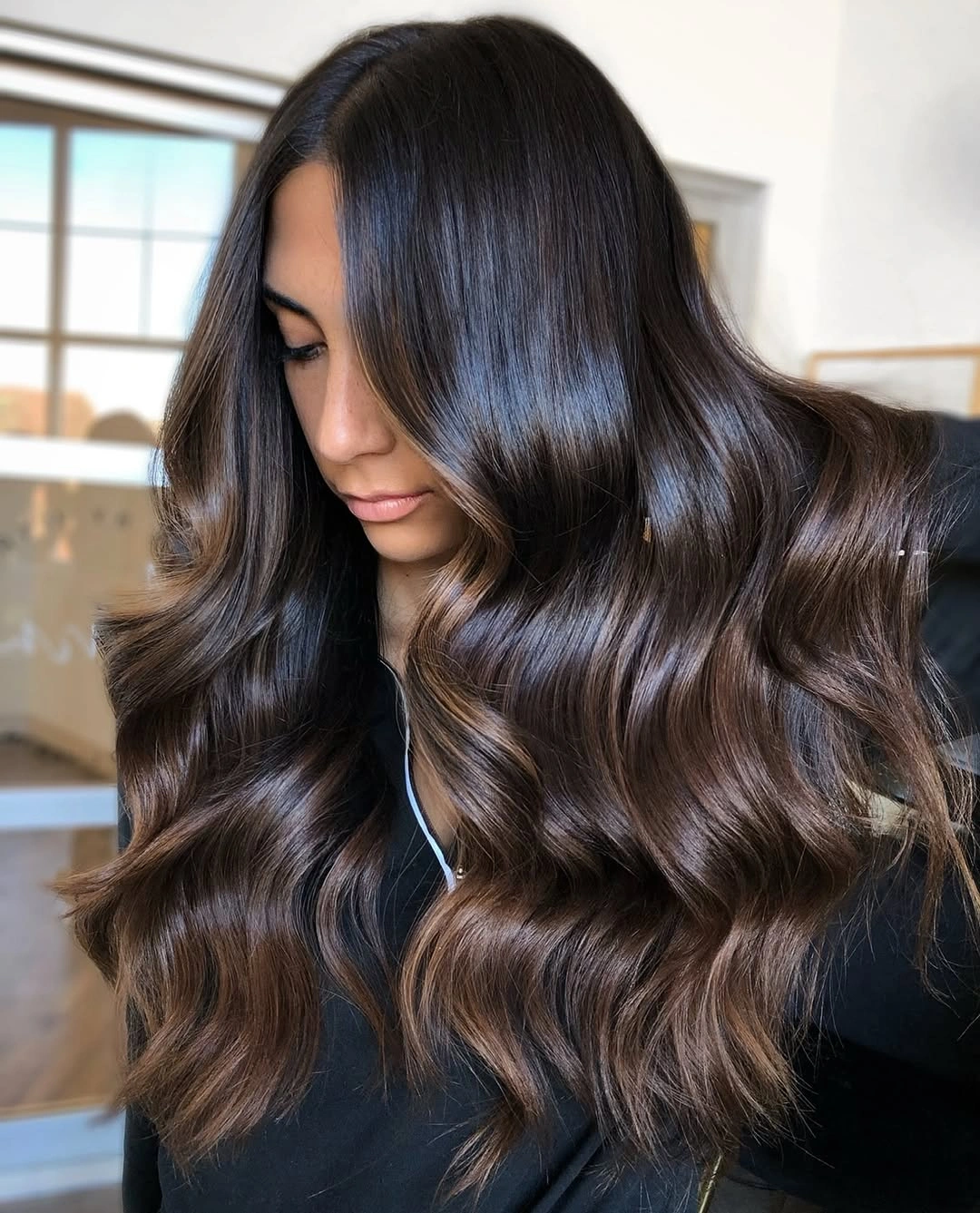 dimensional brunette hair color Velvety Espresso Waves With Luxurious Ribbon Highlights