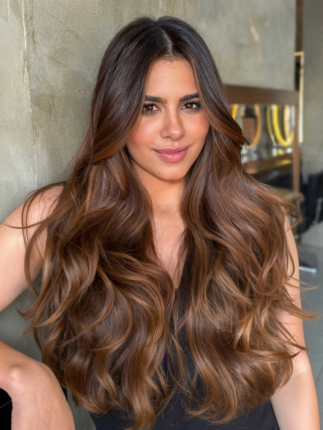 dimensional brunette hair color Caramel Melt Brunette With Soft Luxe Waves