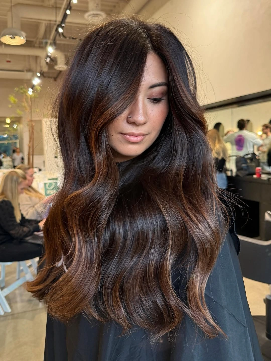 dimensional brunette hair color Deep Espresso Brunette With Cinnamon Face-Framing Ribbons