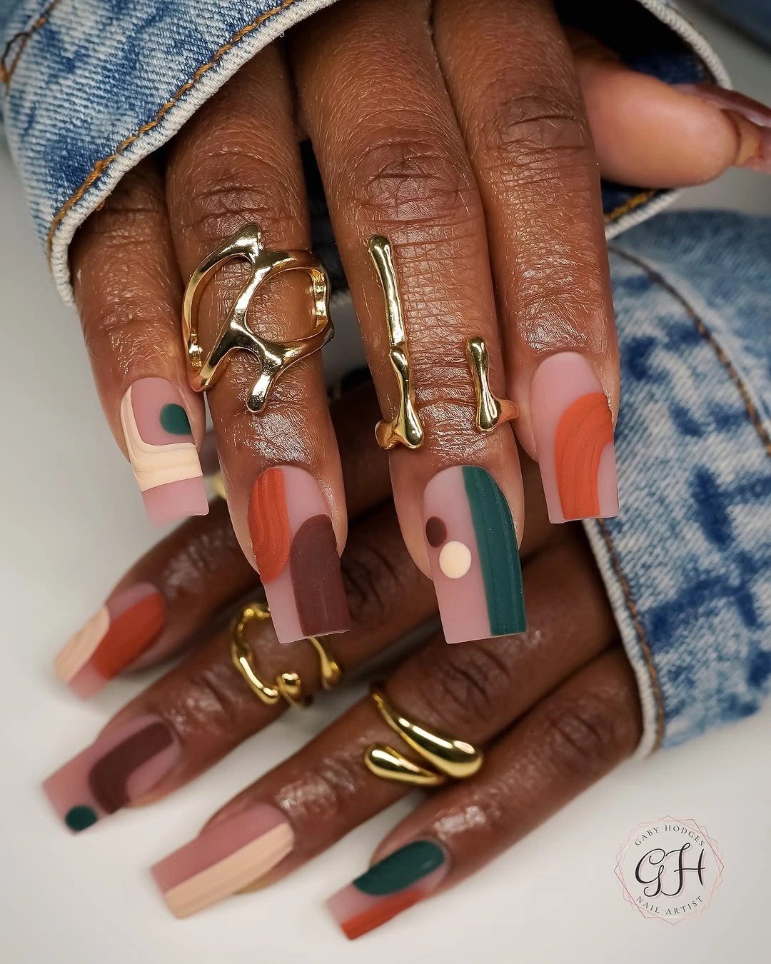Fall acrylic nails 2026 Modern Color Block Square Acrylic Nails in Earthy Autumn Tones
