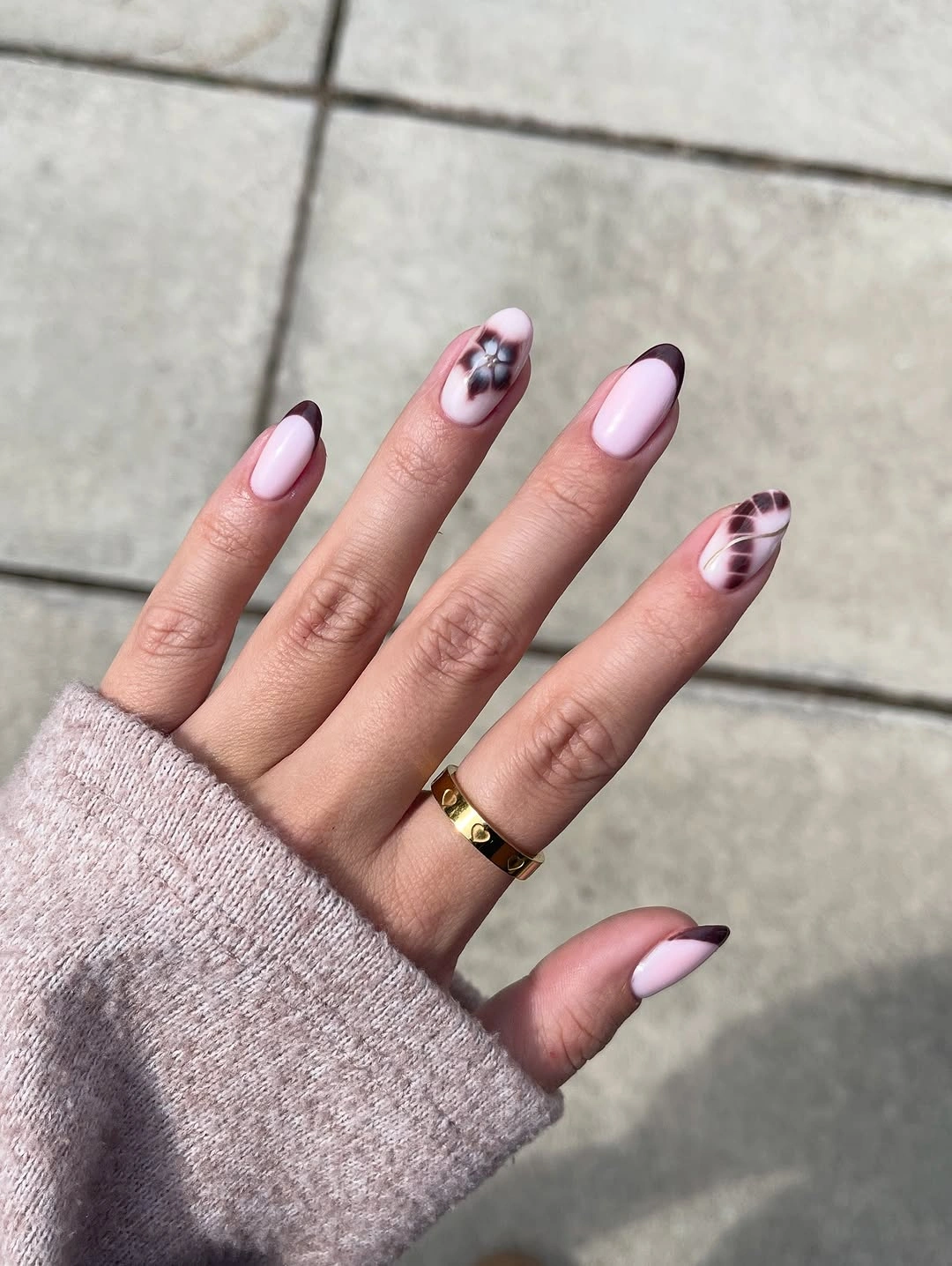 Fall acrylic nails 2026 Chocolate French Almond Nails With Delicate Floral Details