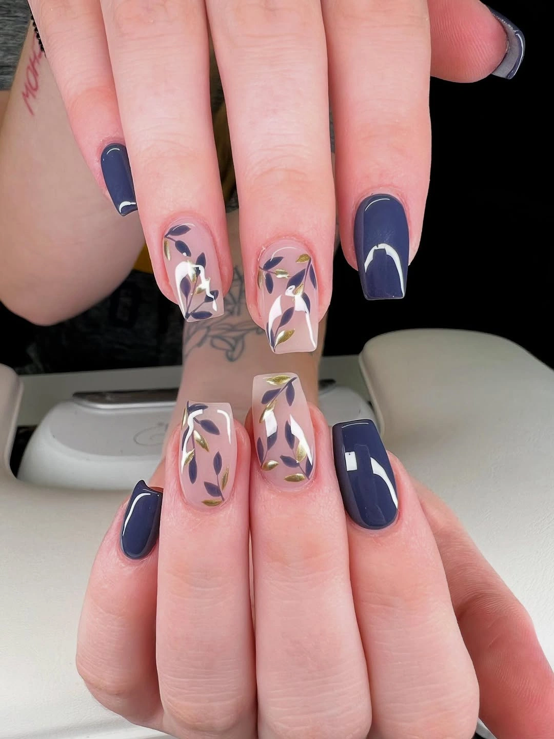 Fall acrylic nails 2026 Dusty Blue Botanical Square Nails for an Elegant Fall Palette