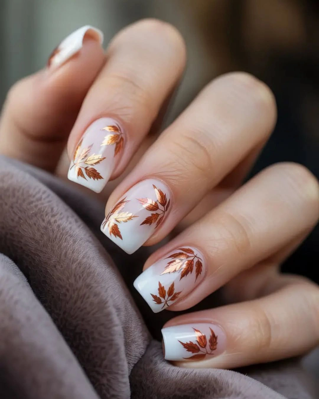Fall acrylic nails 2026 White Ombre Square Nails With Delicate Copper Autumn Leaves