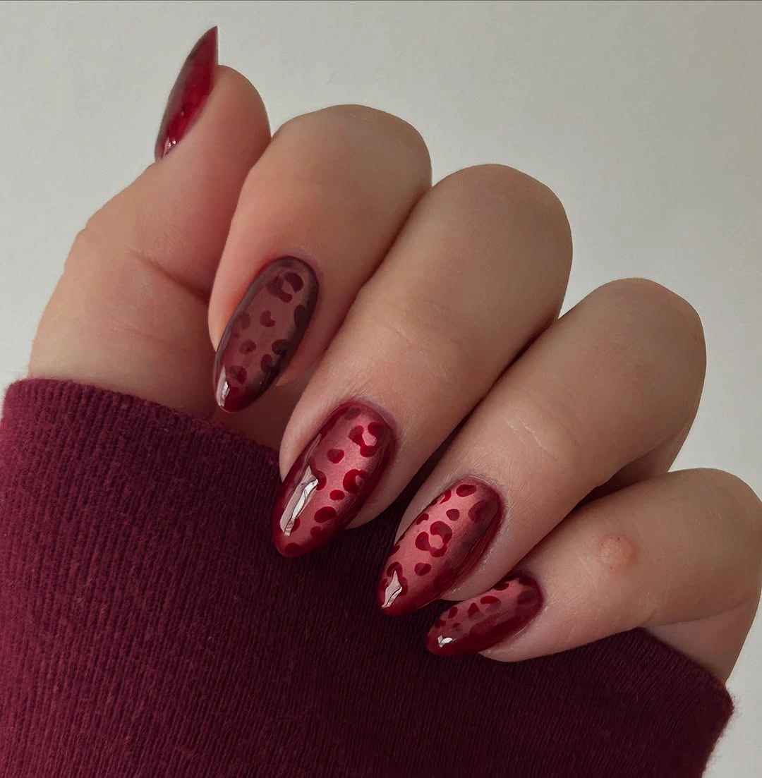 Fall acrylic nails 2026 Burgundy Aura Leopard Nails With Glossy Wine Tones