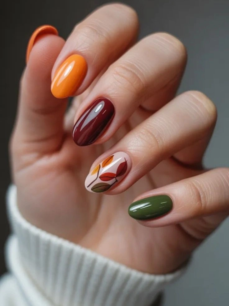 Fall acrylic nails 2026 Colorful Autumn Leaf Nails With Green Orange and Burgundy Polish