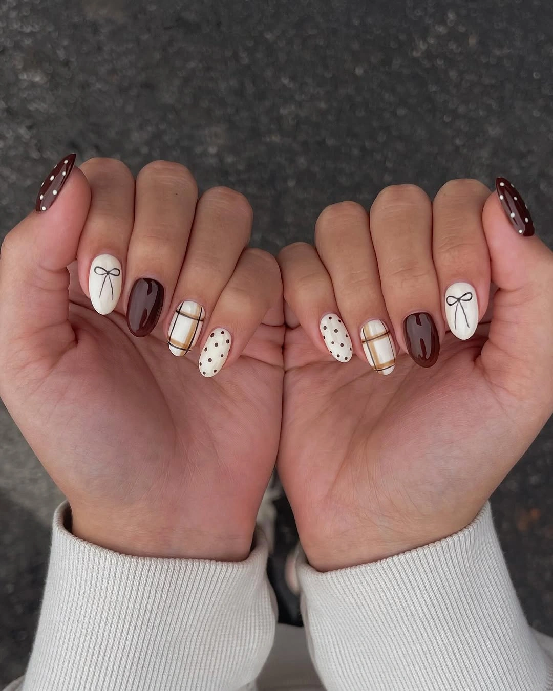 Fall almond nails 2026 Chocolate Plaid Mix and Match Almond Nails