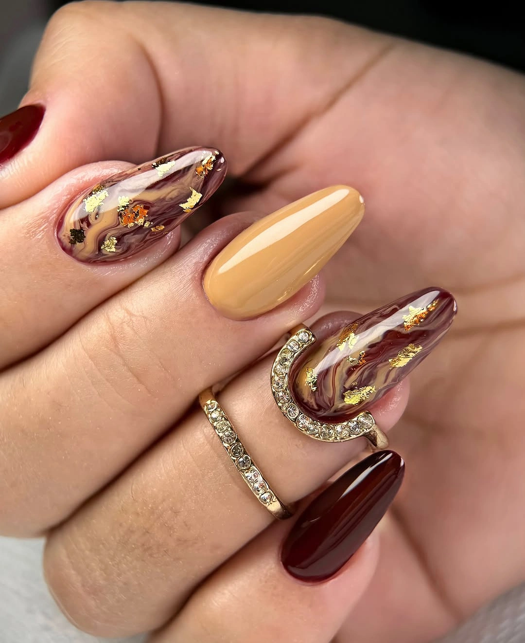 Fall almond nails 2026 Marbled Mocha Nails with Gold Foil Elegance