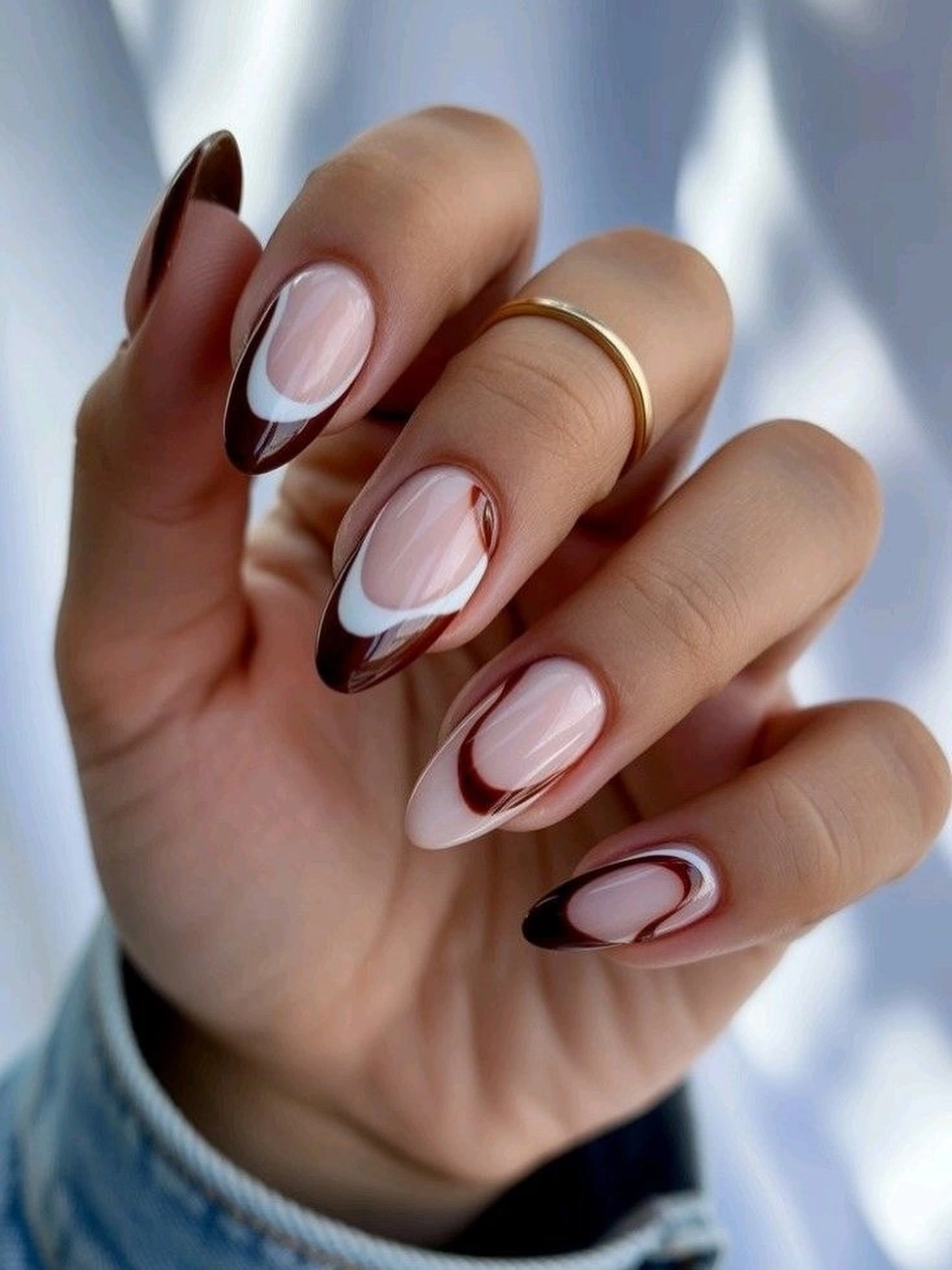 Fall almond nails 2026 Chocolate Double French Tips with Modern Curves