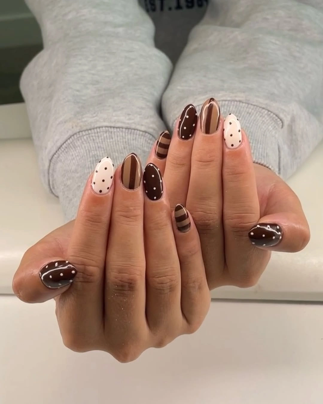 Fall almond nails 2026 Playful Chocolate Stripes and Polka Dot Nails