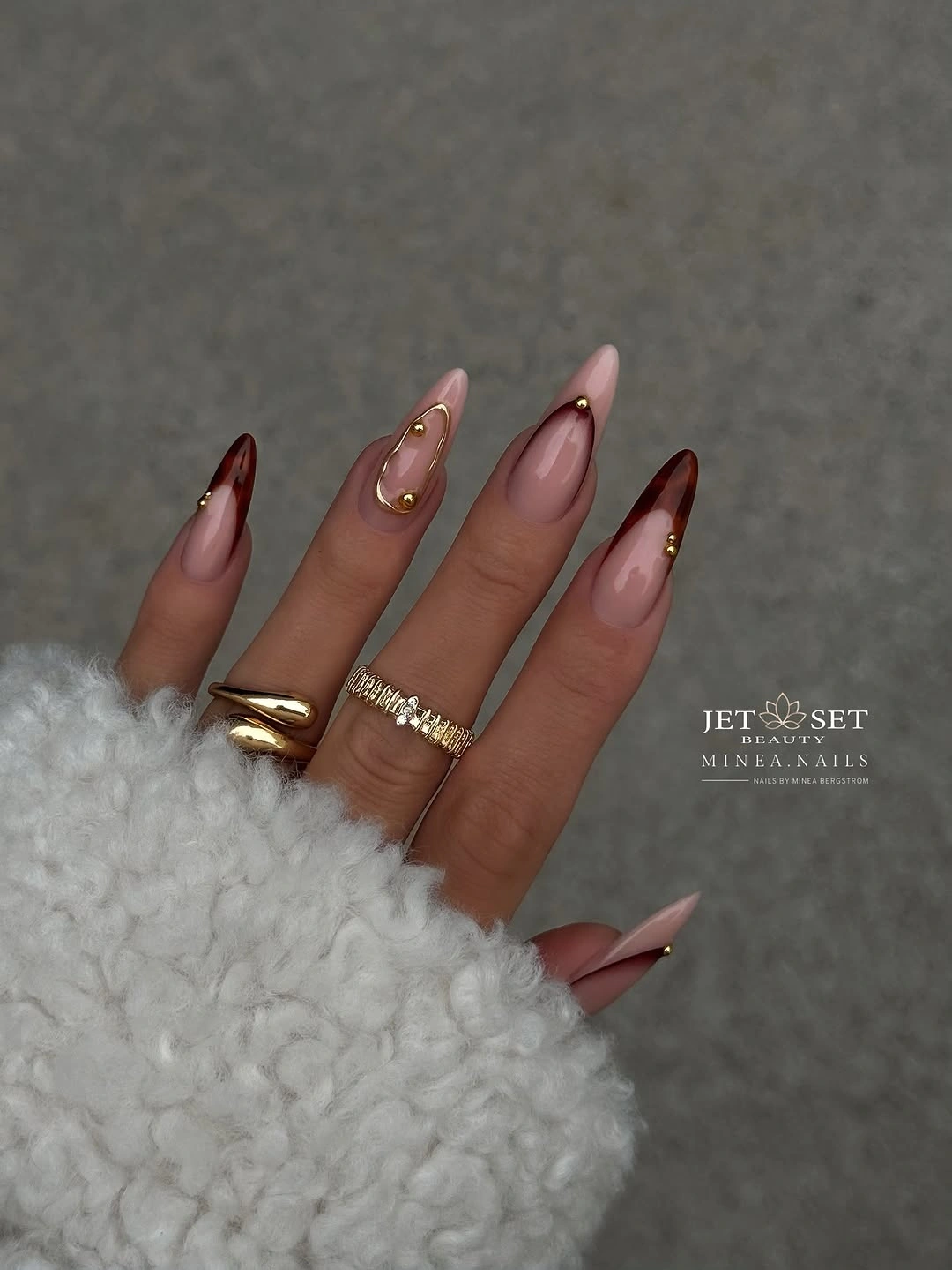 Fall almond nails 2026 Burgundy Glass Tips with Delicate Gold Details