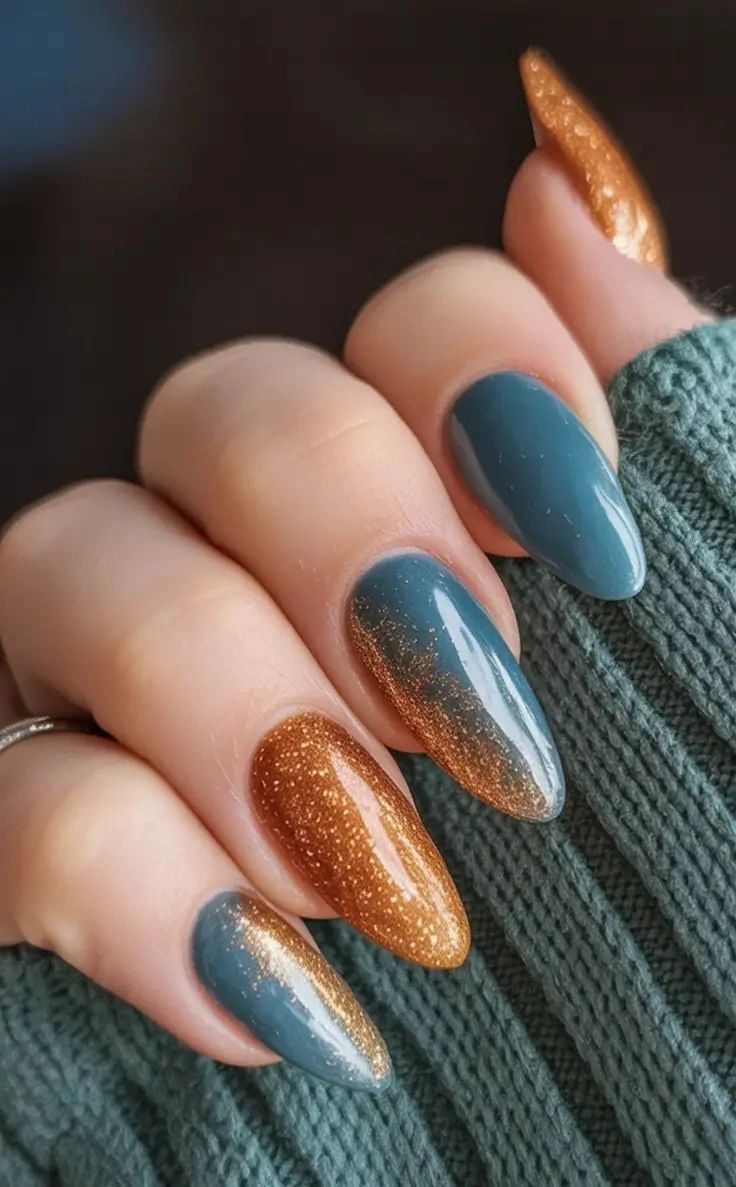 Fall almond nails 2026 Dusty Blue and Gold Sparkle Almond Nails