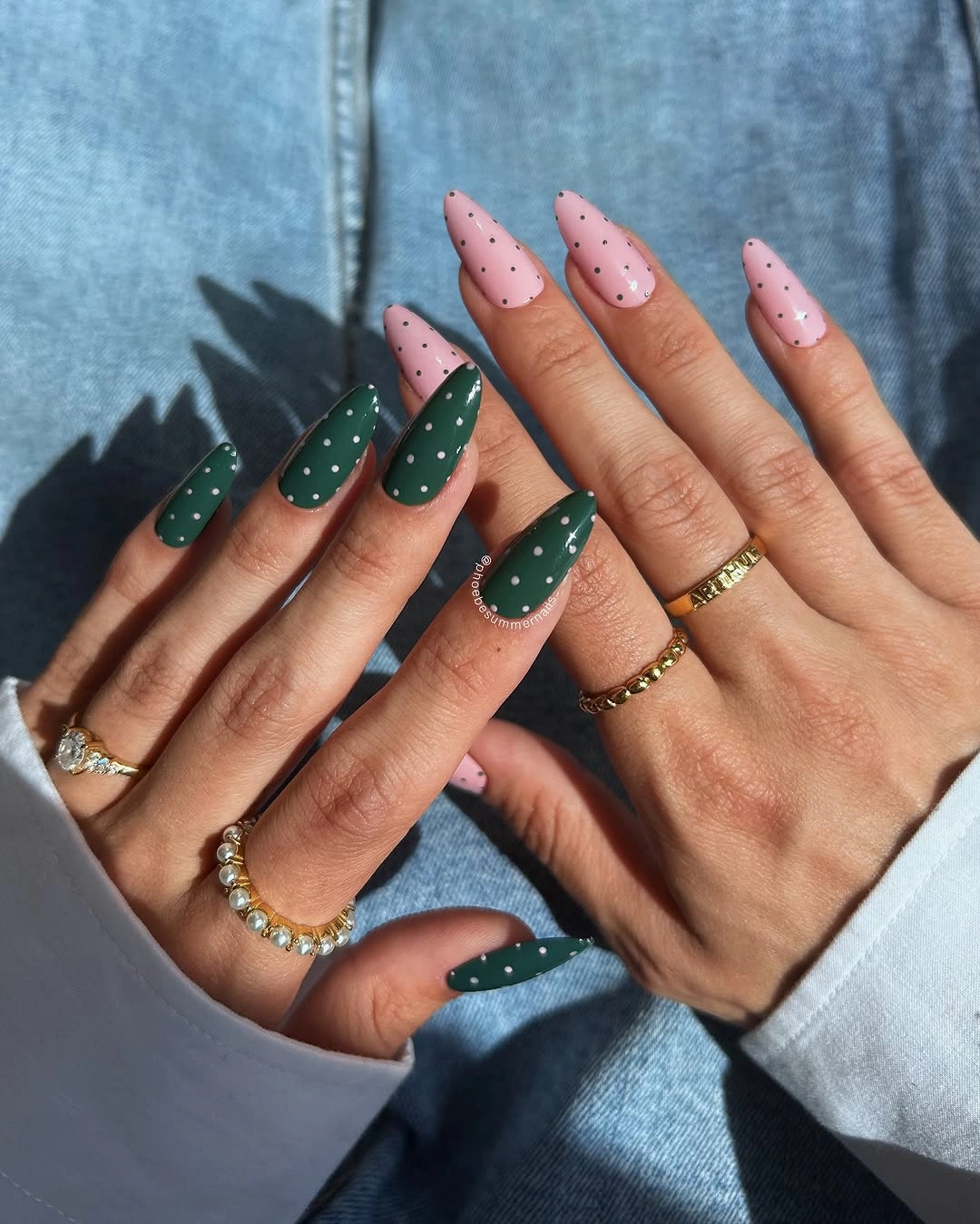 Fall almond nails 2026 Forest Green and Blush Polka Dot Almond Nails