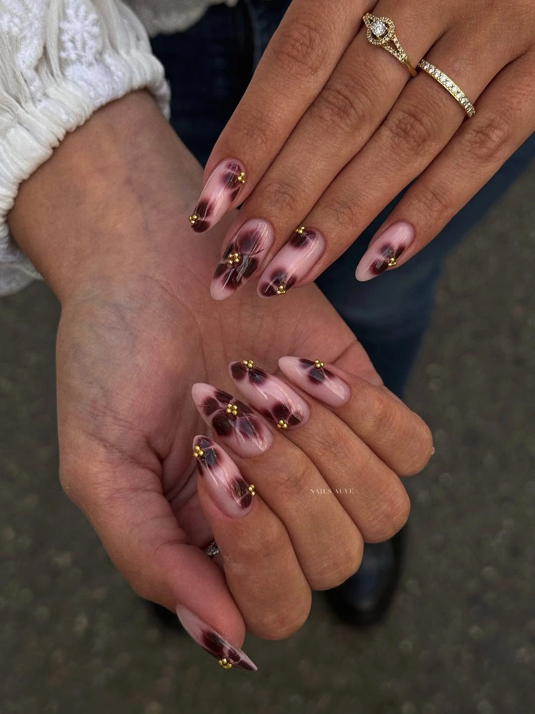 Fall almond nails 2026 Moody Burgundy Floral Art with Gold Details