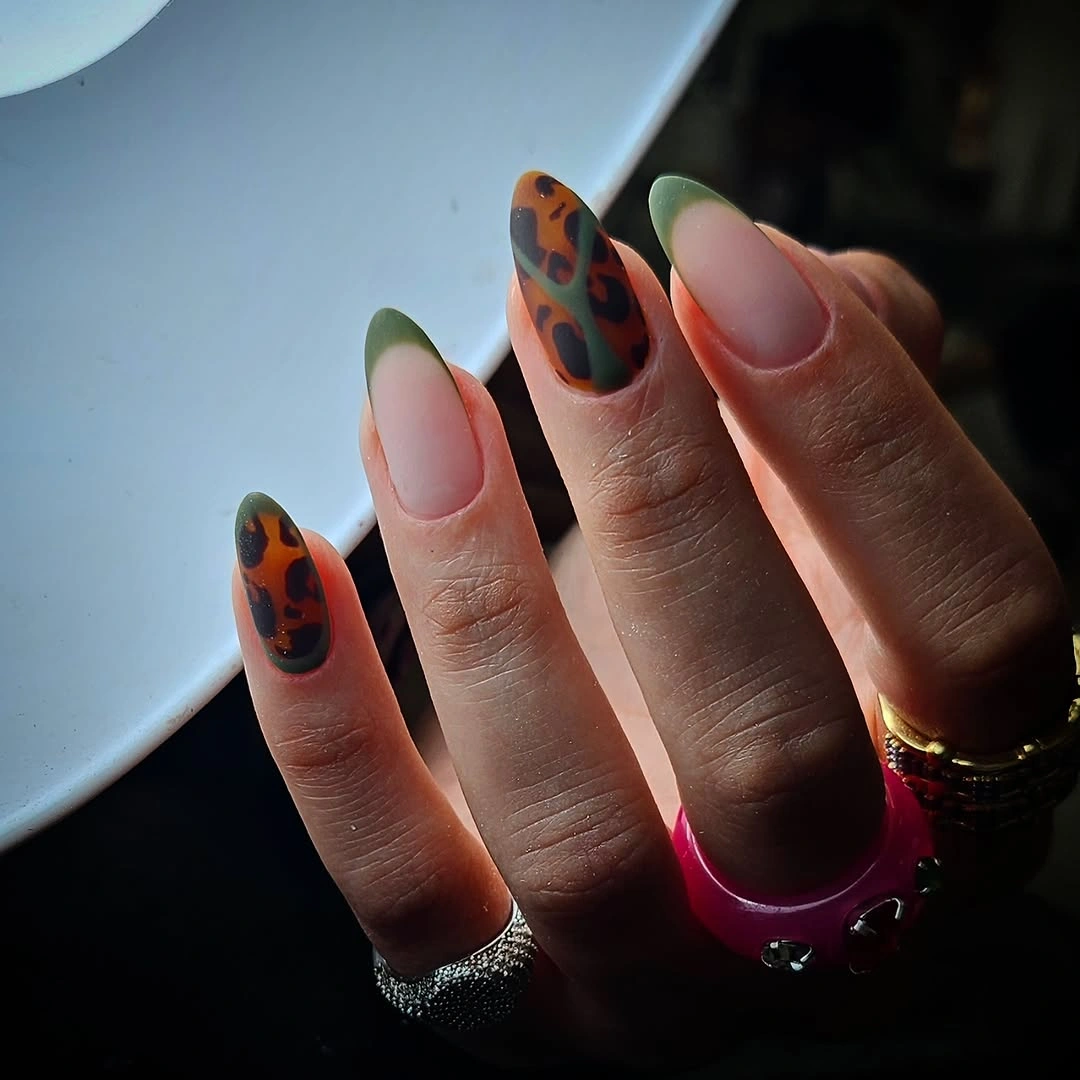 Fall almond nails 2026 Olive French Tips with Tortoiseshell Accent Nails