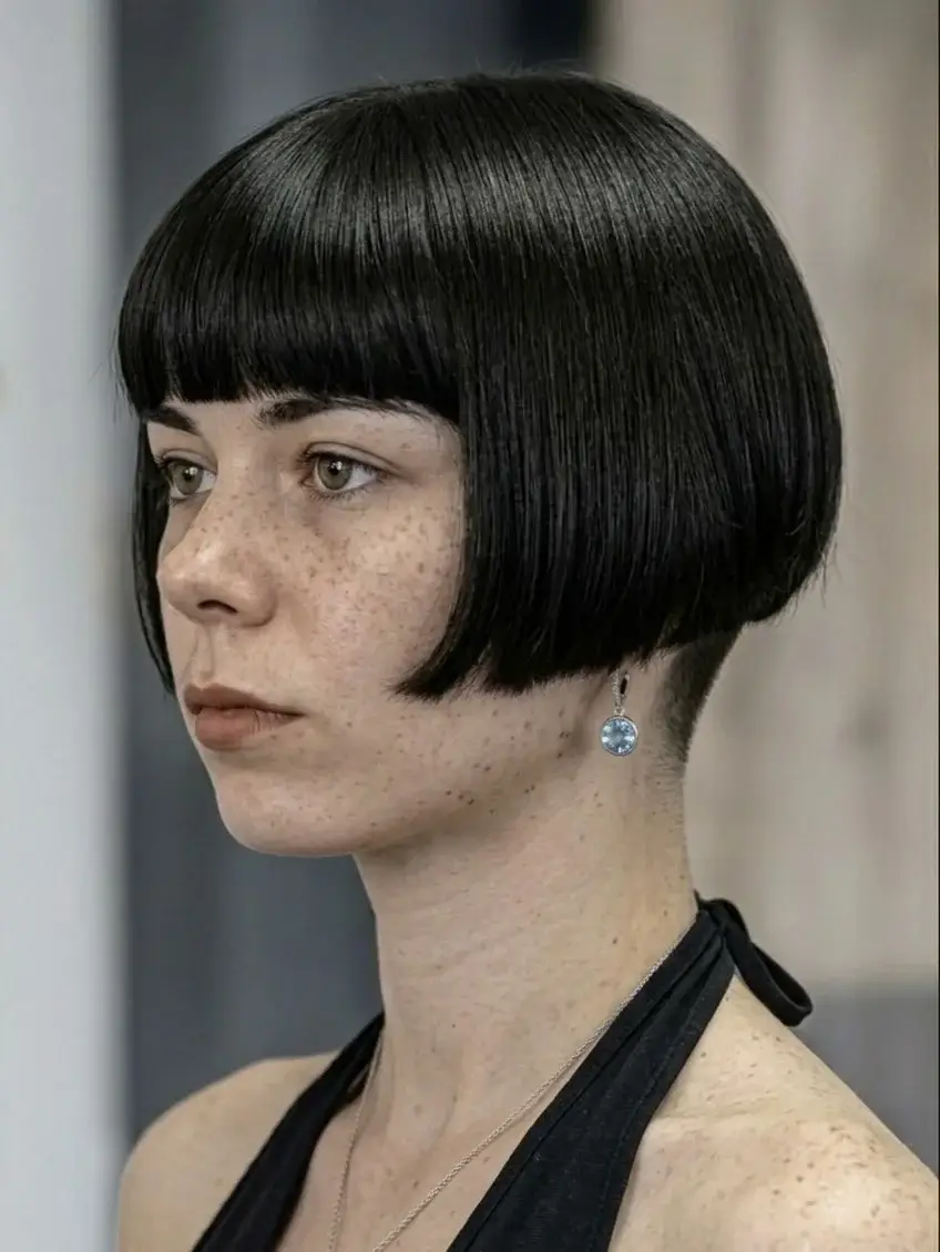 fall bob haircut ideas 2026 Modern Bowl Bob With Graphic Bangs
