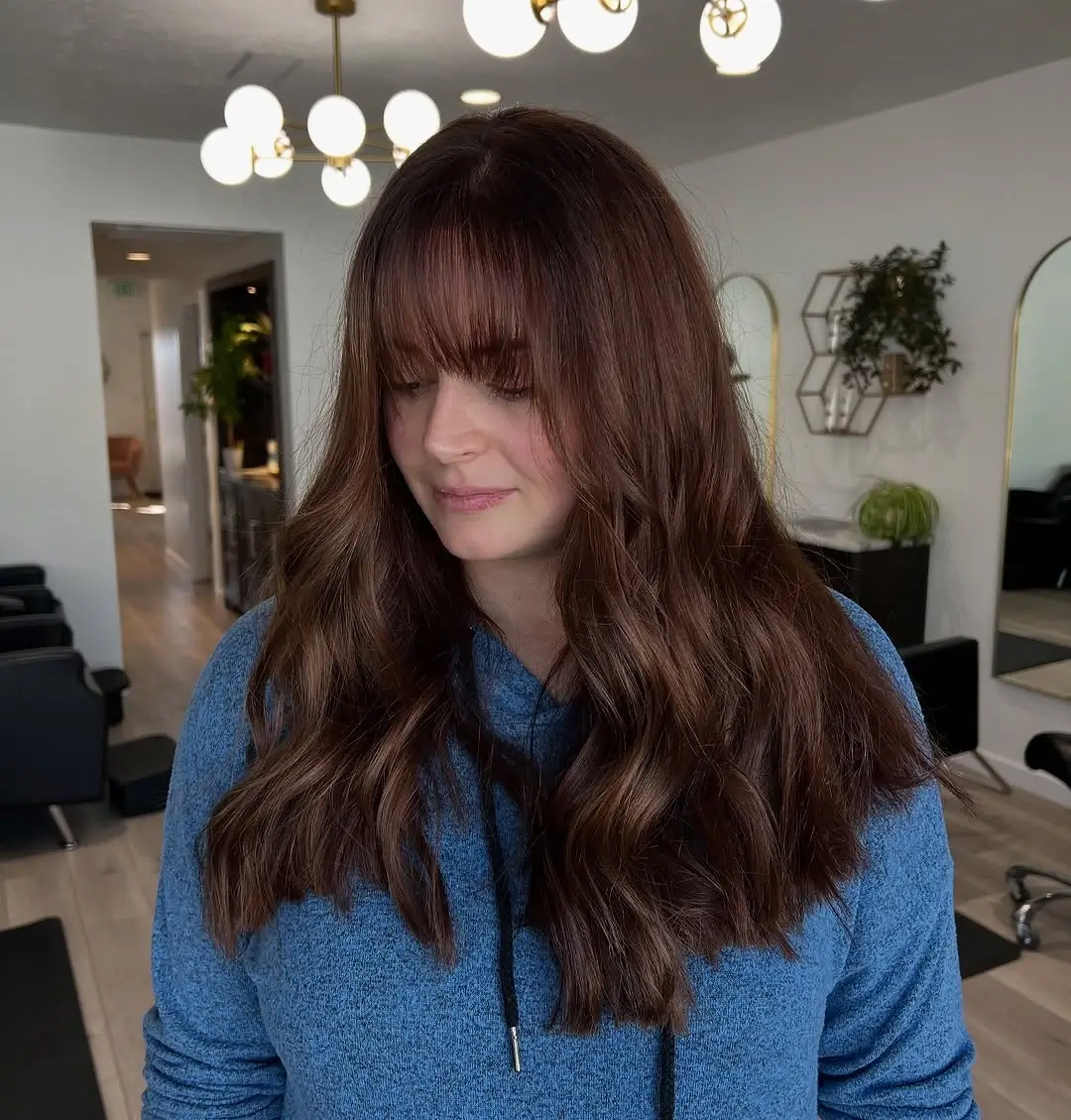 Fall brunette hair colour 2026 Soft Cocoa Brunette with Wispy Curtain Fringe
