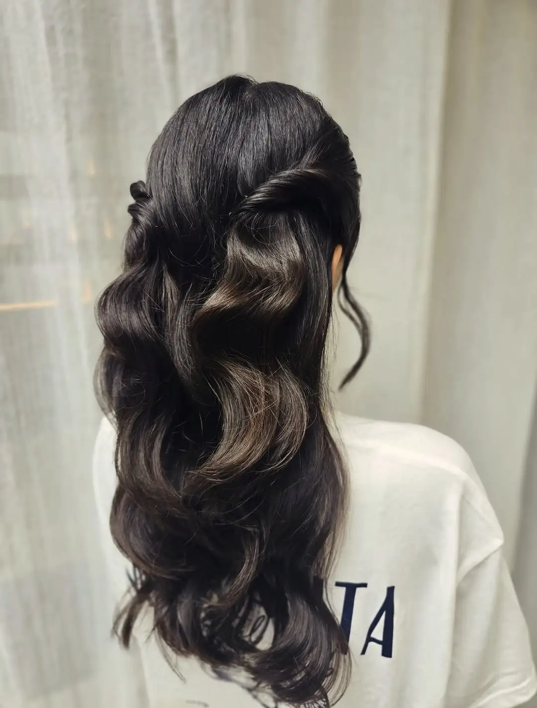 fall hairstyles for long hair 2026 Elegant Half Up Twist With Glossy Hollywood Waves