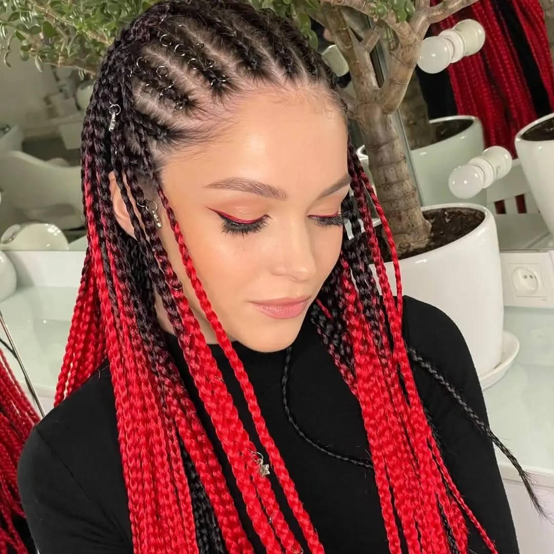 fall hairstyles for long hair 2026 Statement Black and Crimson Braids With Modern Edge