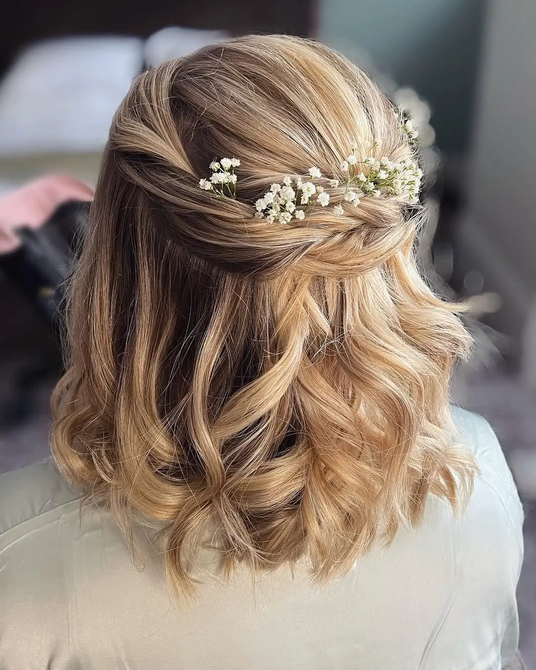Fall hairstyles for short hair 2026 Romantic Floral Half Up Bob for Special Celebrations