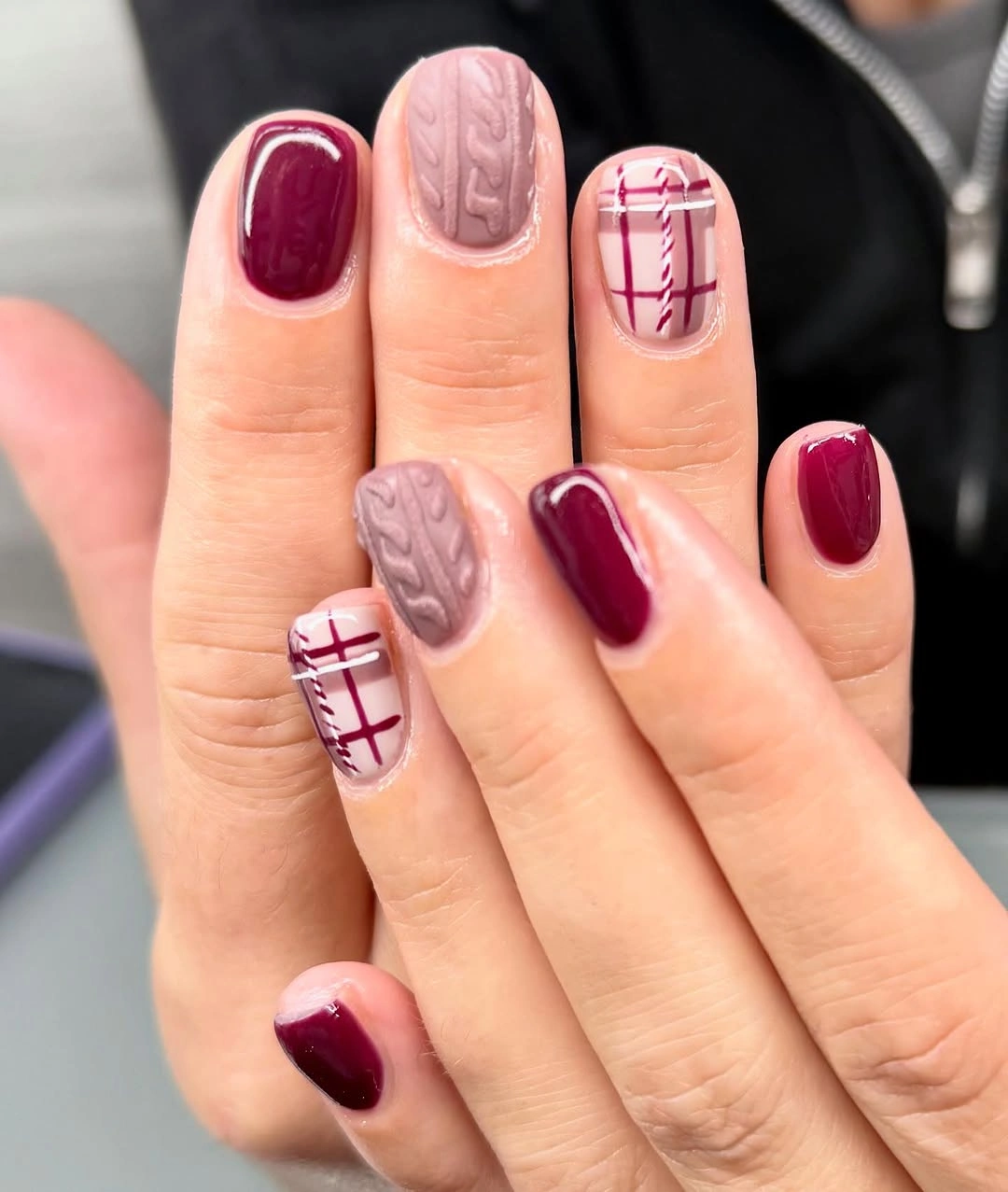 Fall Manicure 2026 Cozy Sweater Texture with Plaid Berry Details