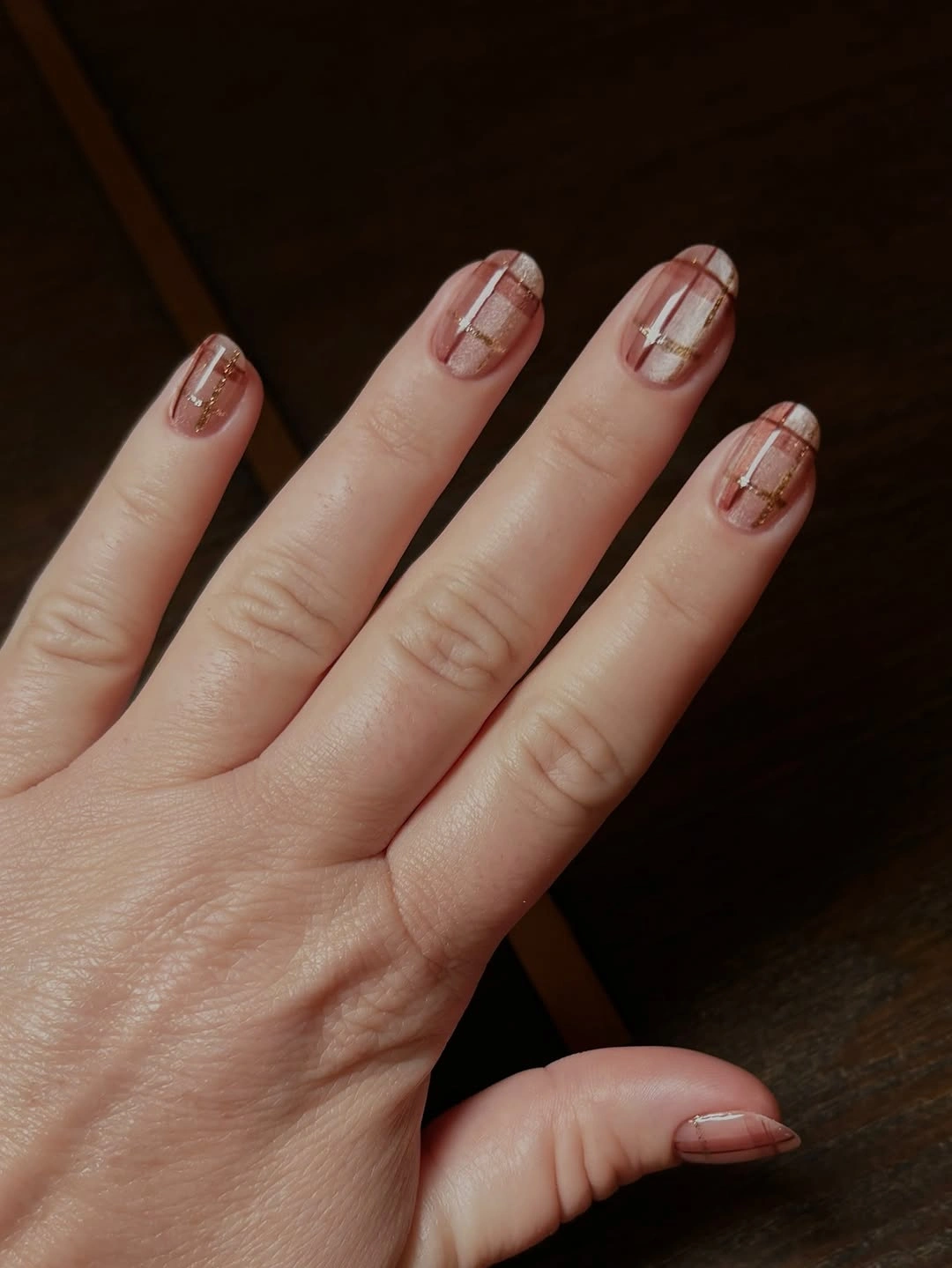 Fall Manicure 2026 Soft Plaid Nails with Rose Gold Elegance