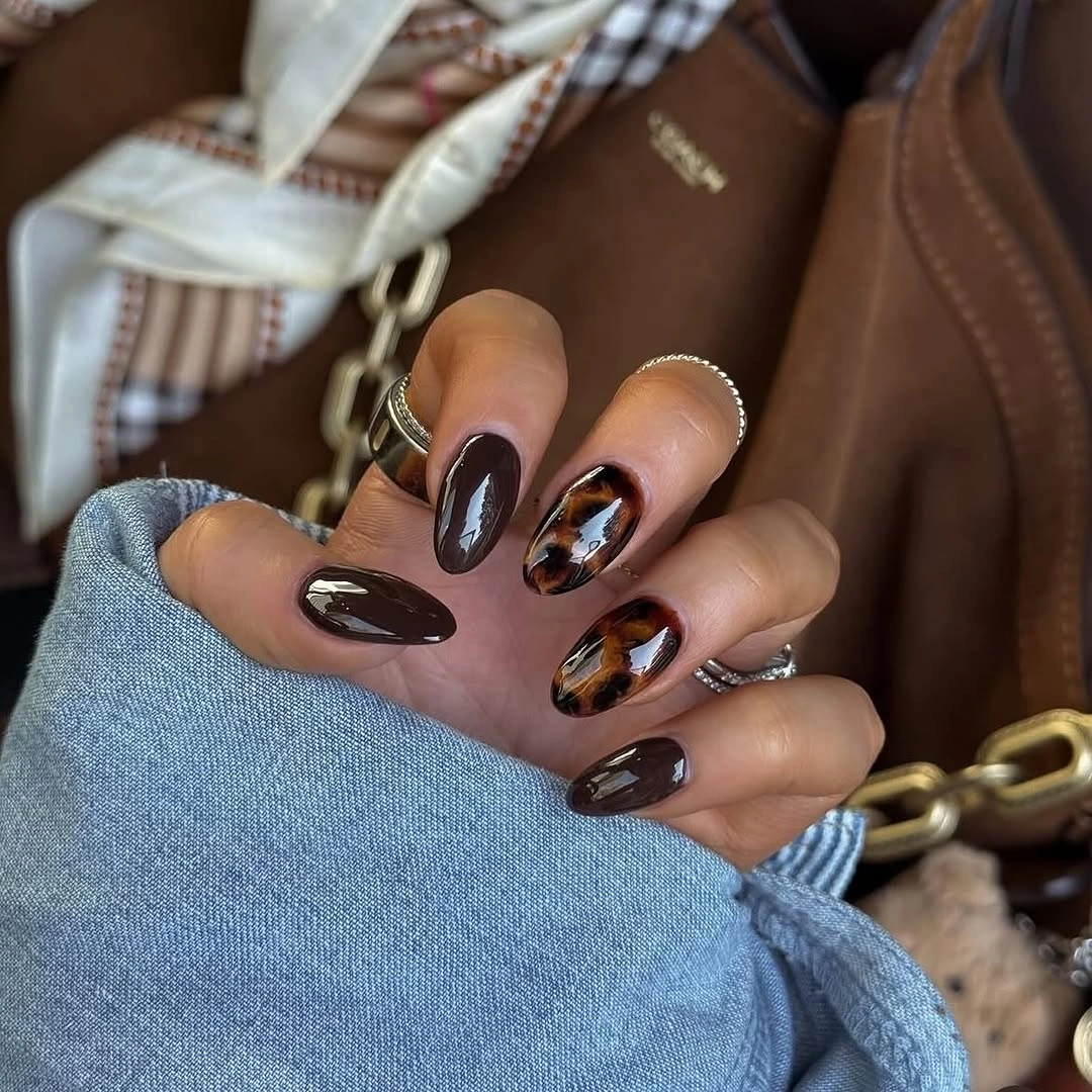 Fall Manicure 2026 Glossy Chocolate Nails with Tortoiseshell Accents