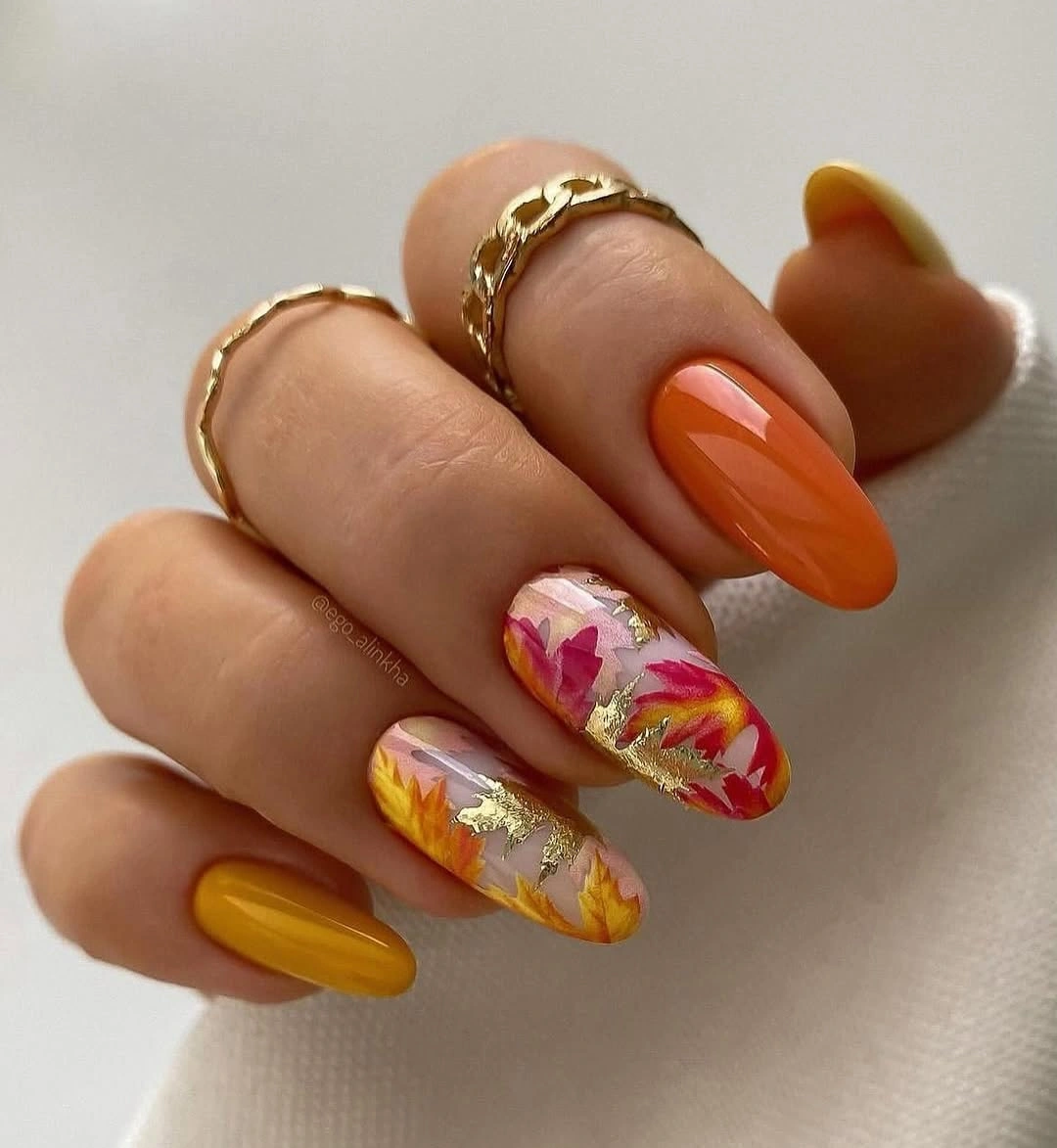 Fall Manicure 2026 Bold Autumn Florals with Golden Foil Accents