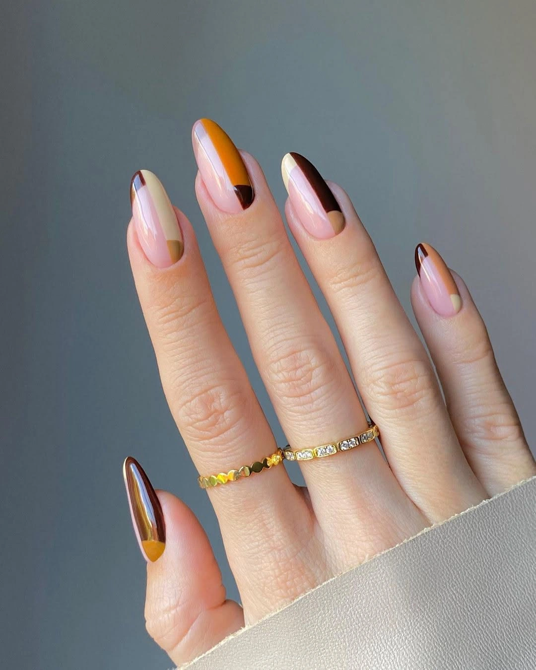 Fall Manicure 2026 Modern Color Block French with Autumn Tones