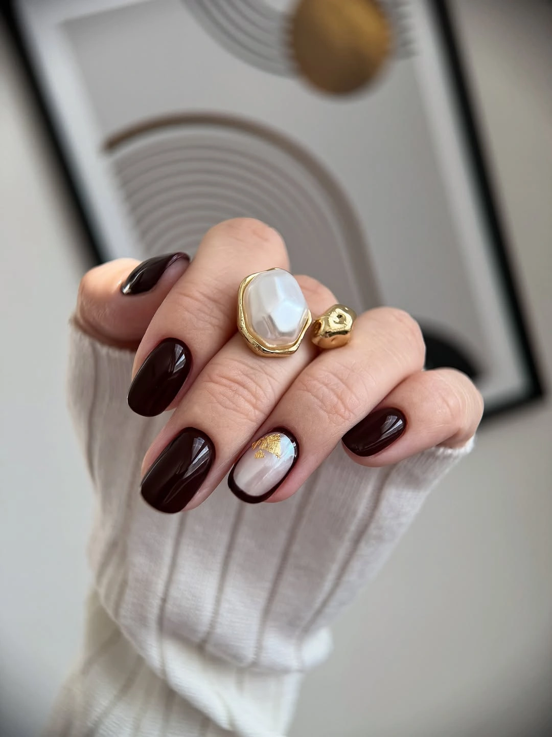 Fall medium nail ideas 2026 Glossy Espresso Nails With a Pearl Accent That Feels Quietly Luxurious