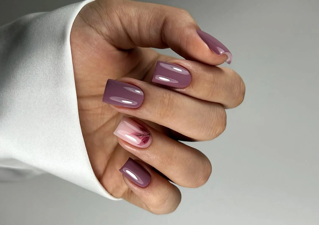 Fall medium nail ideas 2026 Dusty Mauve Square Nails With Minimal Floral Art