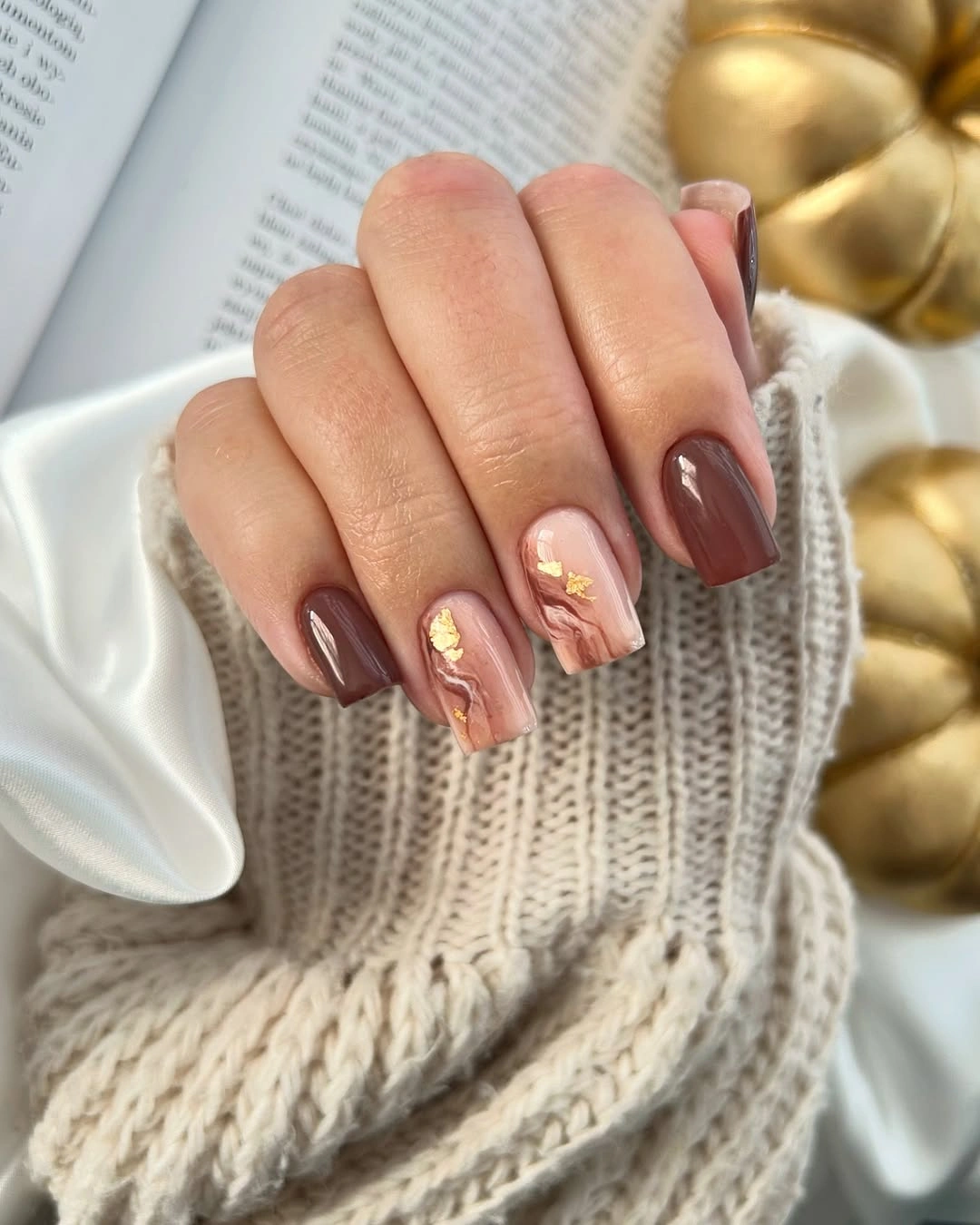 Fall medium nail ideas 2026 Mocha Marble Nails With Soft Gold Accents