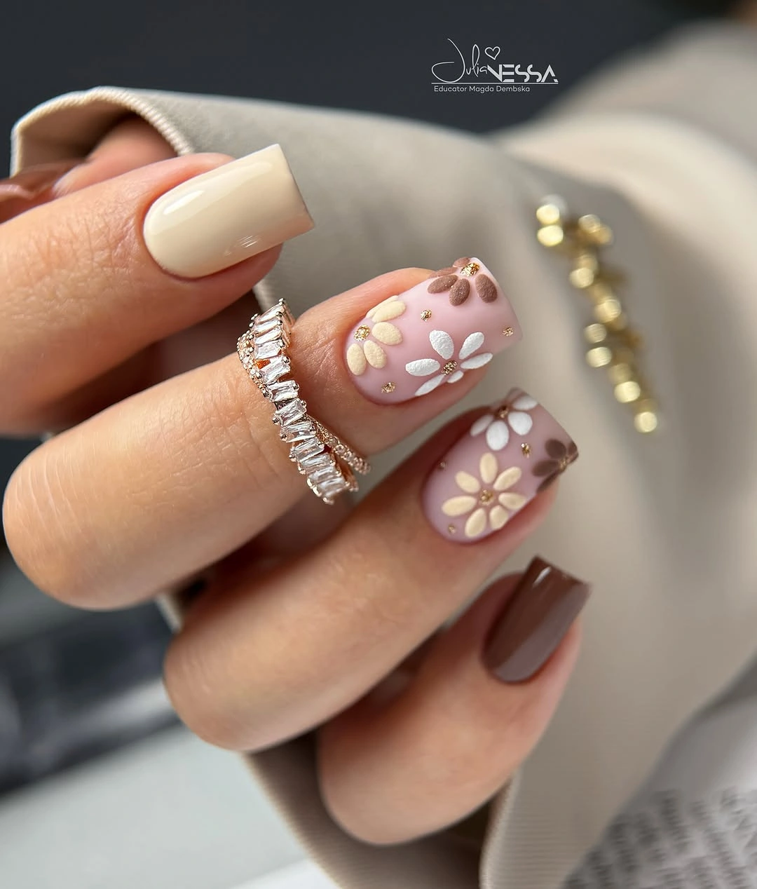 Fall medium nail ideas 2026 Chocolate Daisy Nails With Soft Neutral Color Blocking
