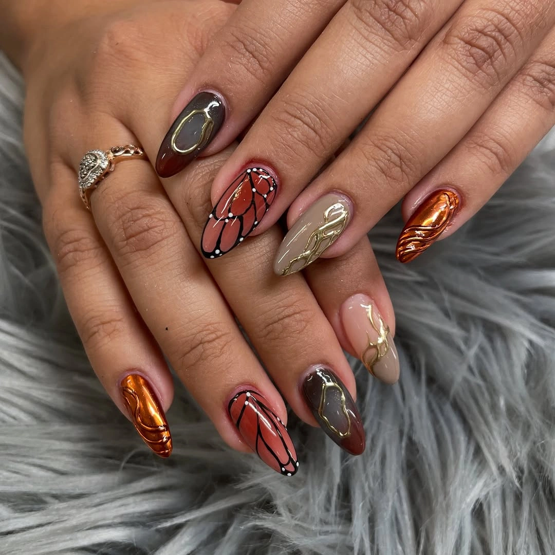Fall medium nail ideas 2026 Autumn Art Nails Inspired by Falling Leaves and Molten Gold