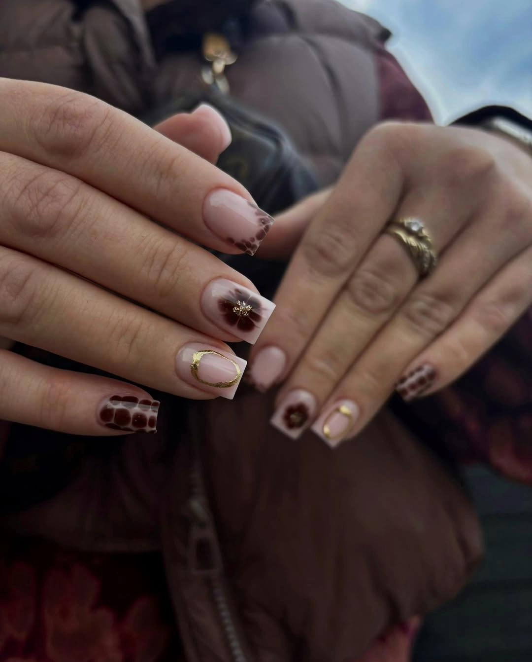 Fall medium nail ideas 2026 Square Floral Nails With Chocolate Details for a Cozy Everyday Look