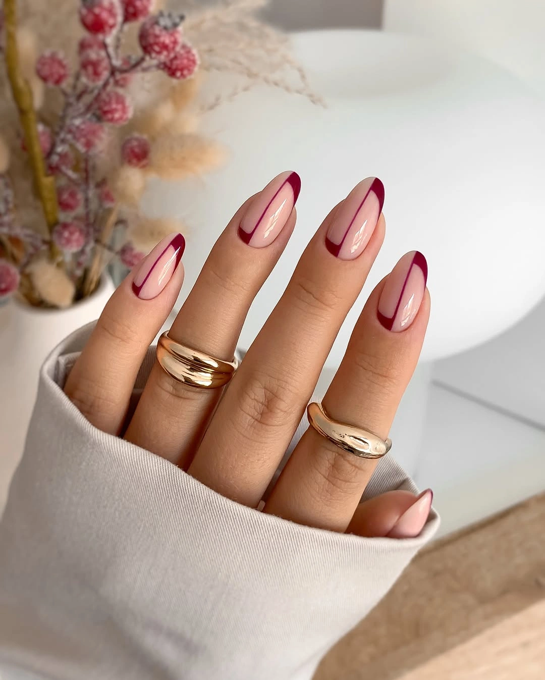 Fall medium nail ideas 2026 Modern Burgundy Outline French Tips With Clean Minimal Style