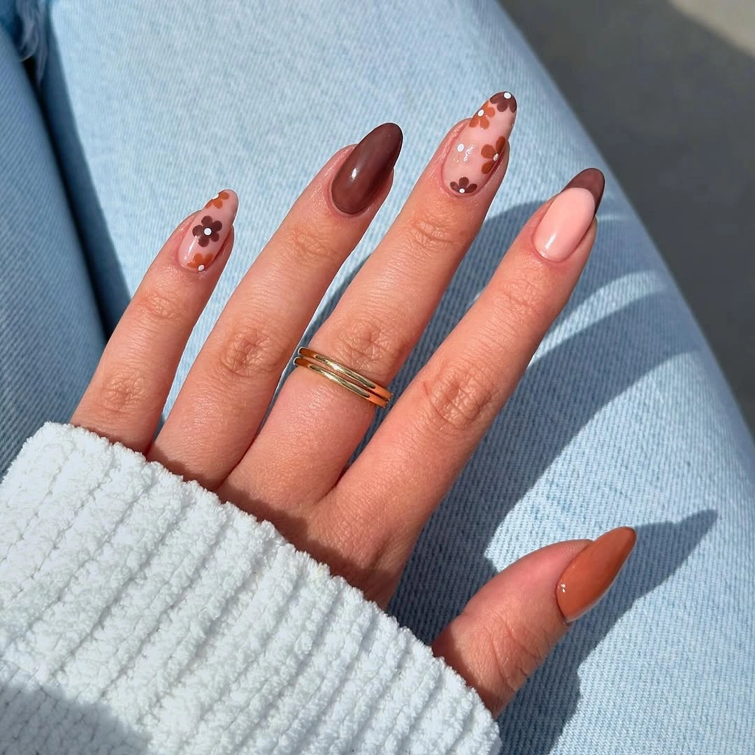 Fall medium nail ideas 2026 Mocha Floral Almond Nails That Feel Soft and Effortlessly Cozy