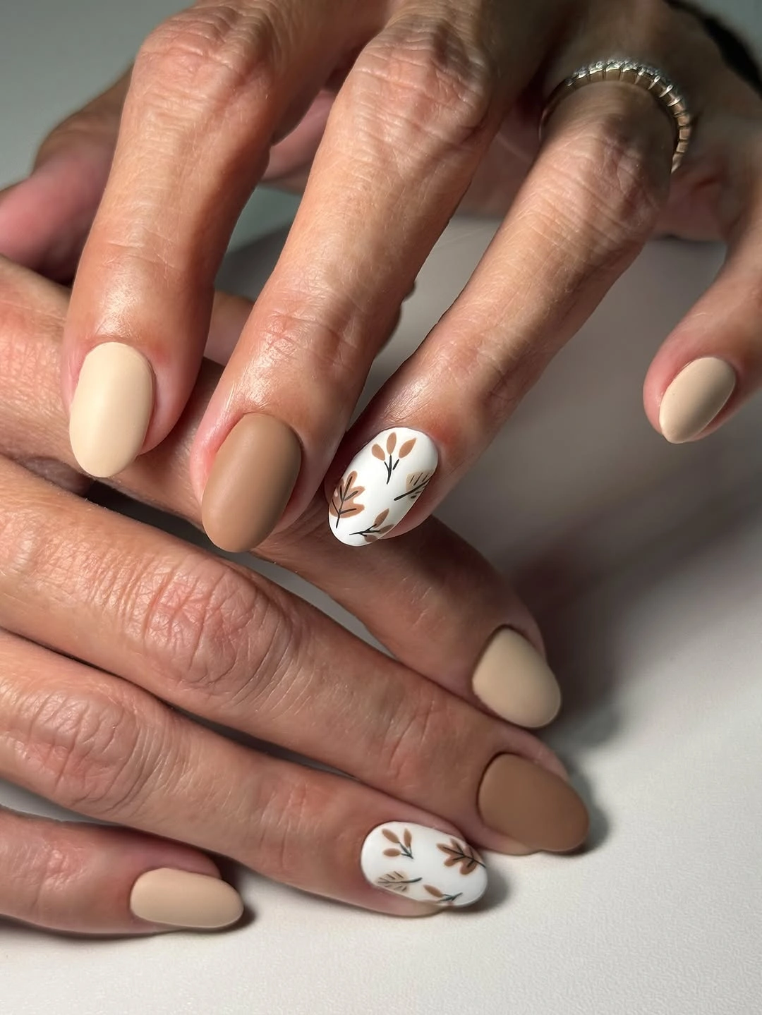 Fall medium nail ideas 2026 Matte Neutral Botanical Nails for Everyday Autumn Elegance