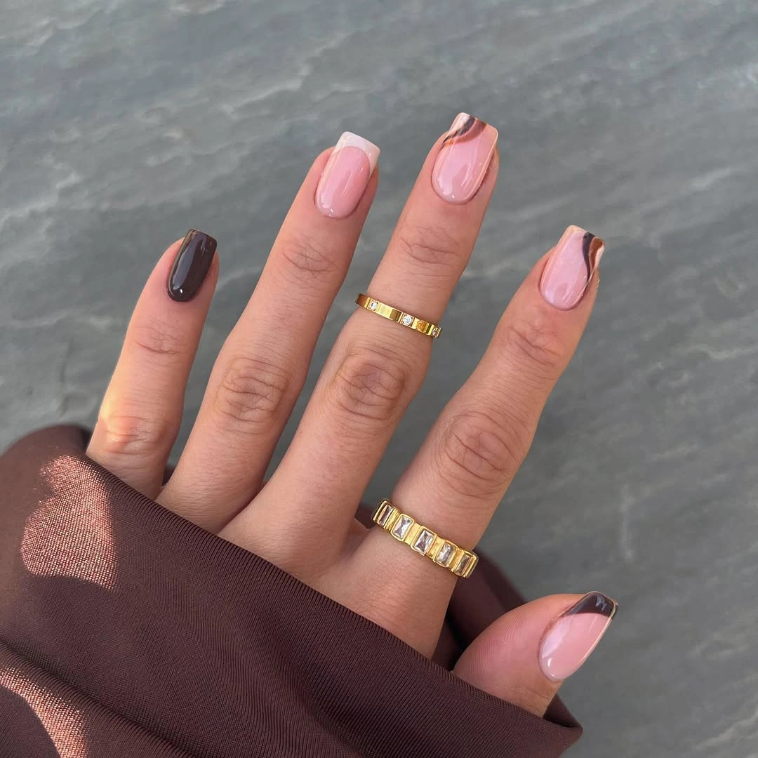Fall medium nail ideas 2026 Chocolate French Square Nails With Modern Abstract Tips