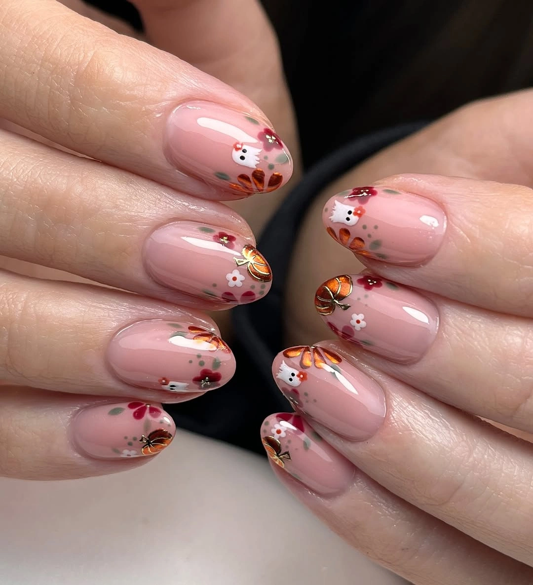 Fall nail art 2026 Playful Harvest Florals with Tiny Pumpkin Accents