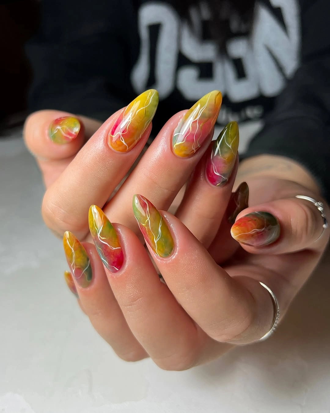 Fall nail art 2026 Watercolor Autumn Marble with Vibrant Artistic Swirls