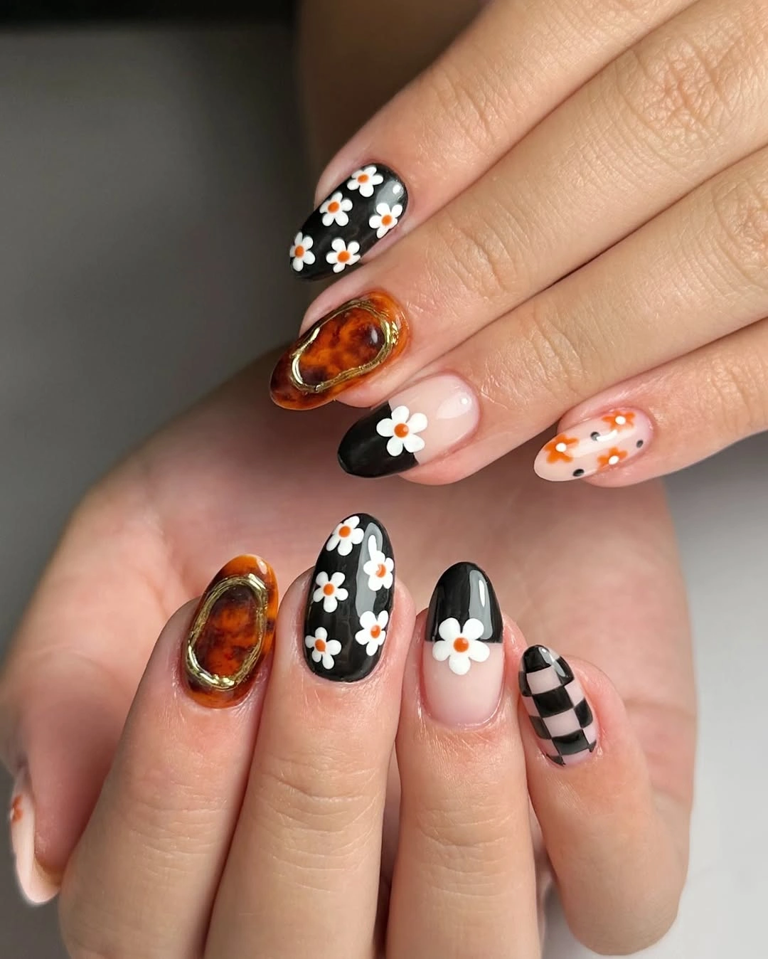 Fall Nail Designs for All Skin Tones 2026 Playful Autumn Mix With Florals and Tortoiseshell Details