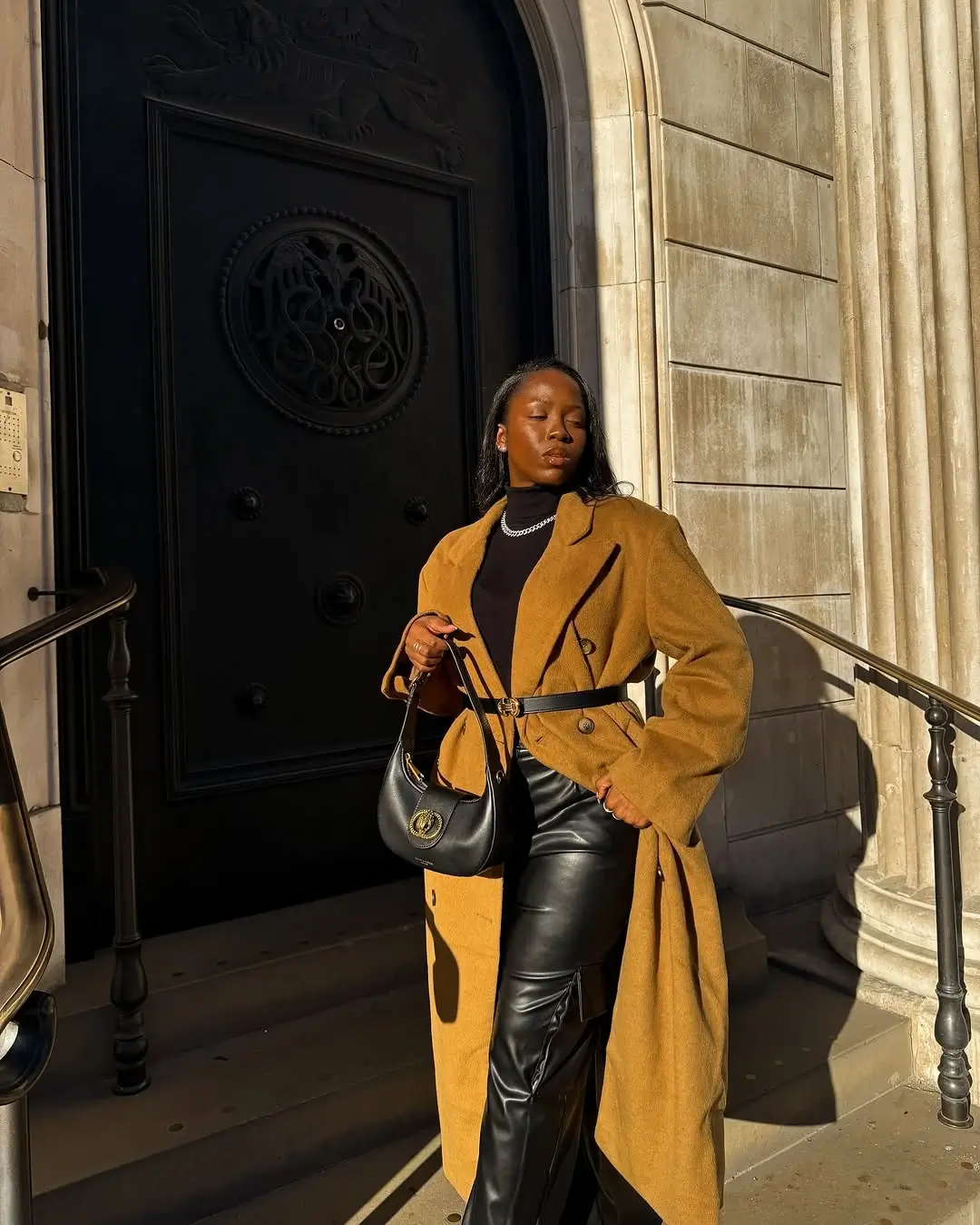 fall office outfits for women 2026 Camel Coat and Leather Trousers for Bold Office Style