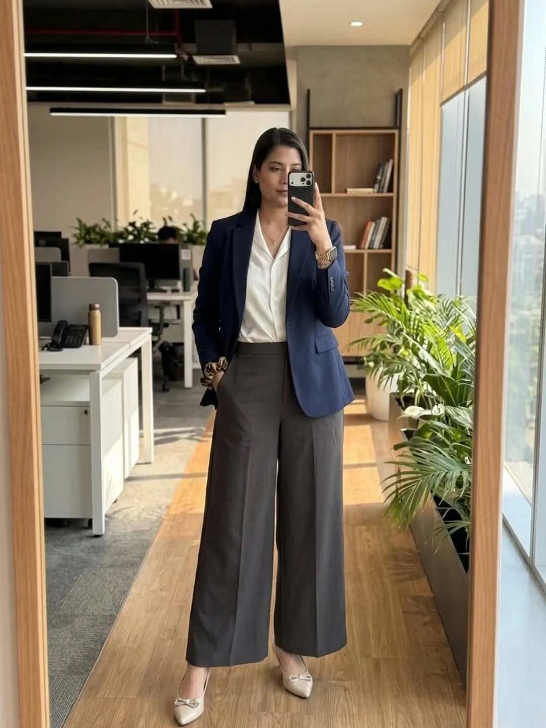 fall office outfits for women 2026 Classic Navy Blazer with Tailored Wide-Leg Trousers