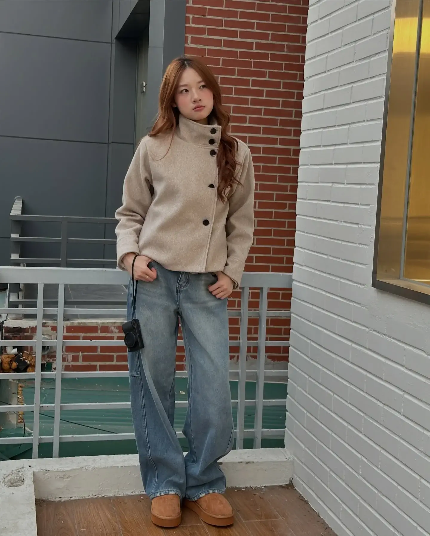 fall outfits with peacoat 2026 Minimal Beige Layers With Relaxed Wide-Leg Denim